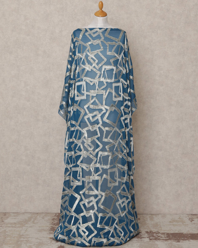 Teal Geometric Metallic Lurex Somali Silk Chiffon Dirac Fabric – 3.5 Meters, Width 140 cm, Made in South Korea-D24767