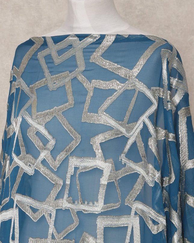 Teal Geometric Metallic Lurex Somali Silk Chiffon Dirac Fabric – 3.5 Meters, Width 140 cm, Made in South Korea-D24767