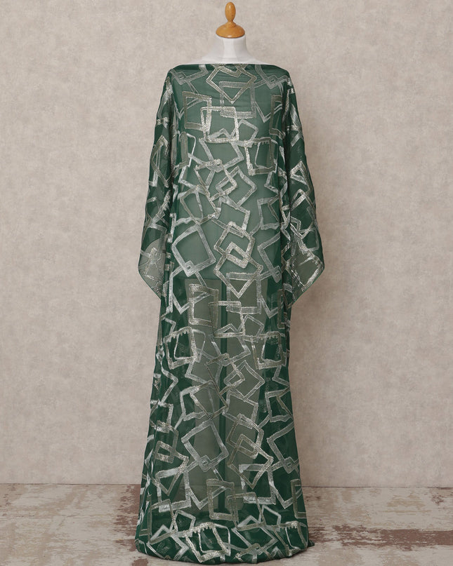 Dark Green Geometric Metallic Lurex Somali Silk Chiffon Dirac Fabric – 3.5 Meters, Width 140 cm, Made in South Korea-D24765