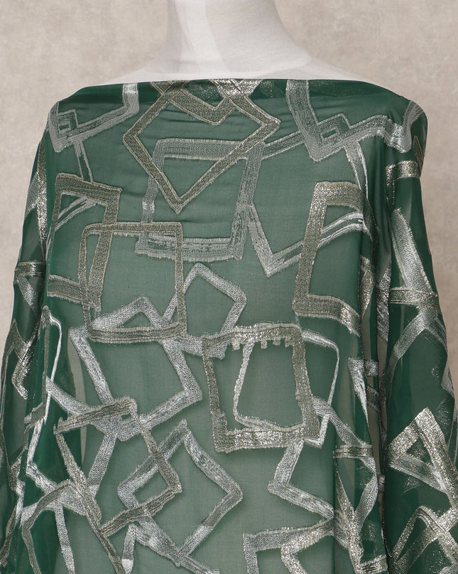 Dark Green Geometric Metallic Lurex Somali Silk Chiffon Dirac Fabric – 3.5 Meters, Width 140 cm, Made in South Korea-D24765