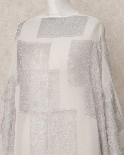 Ivory Pure Silk Chiffon Somali Dirac Fabric with Metallic Silver Lurex, 3.5 Mtrs, Width 140 Cms, Made in South Korea-D24522