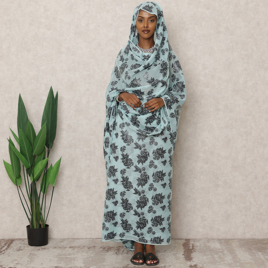 ثوب سوداني تقليدي أزرق سماوي، مصنوع من قماش شيفون حرير نقي ولوركس معدني، بطول 4.5 متر، عرض 140 سم، صنع في كوريا الجنوبية - D24494