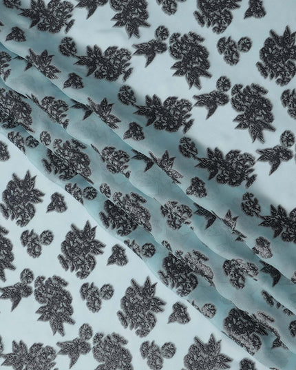 Light Blue Floral Pattern Silk Chiffon Fabric with Metallic Lurex, 110 Cms, South Korea-D25499