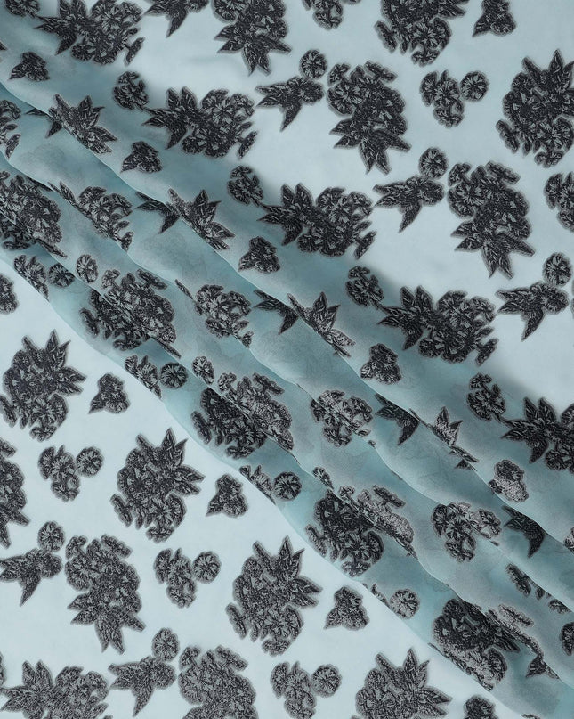 Light Blue Floral Pattern Silk Chiffon Fabric with Metallic Lurex, 110 Cms, South Korea-D25499