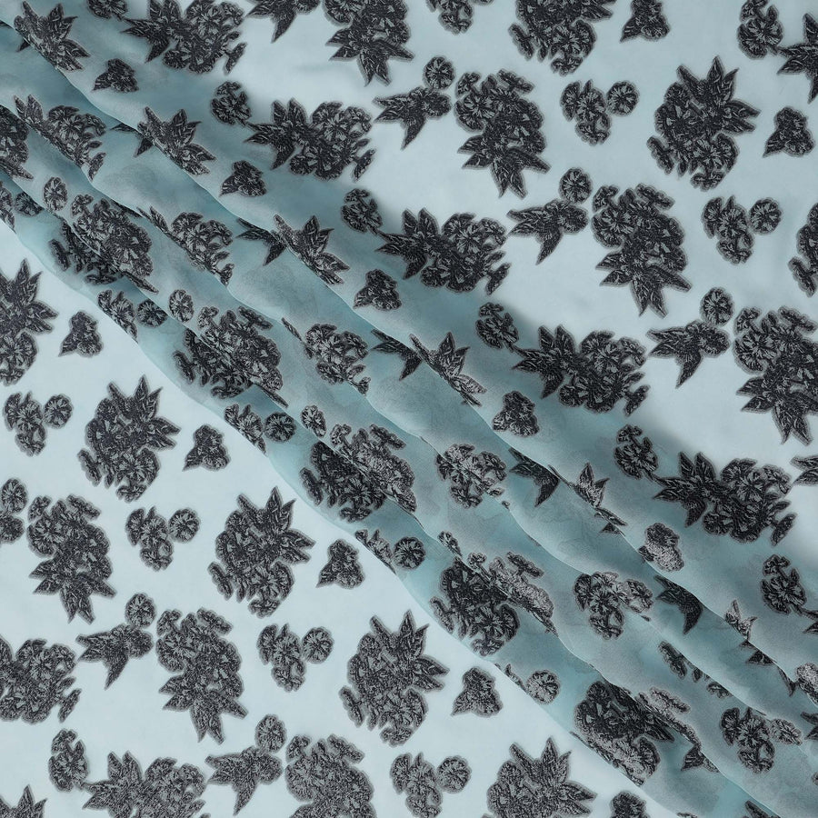 Light Blue Floral Pattern Silk Chiffon Fabric with Metallic Lurex, 110 Cms, South Korea-D25499