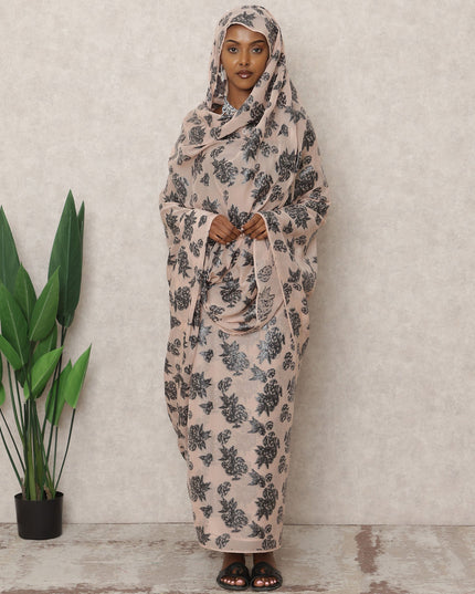 ثوب سوداني تقليدي باللون البيج، مصنوع من قماش شيفون حرير نقي بطول 4.5 متر وقماش لوركس معدني، عرض 140 سم، صنع في كوريا الجنوبية - D24492