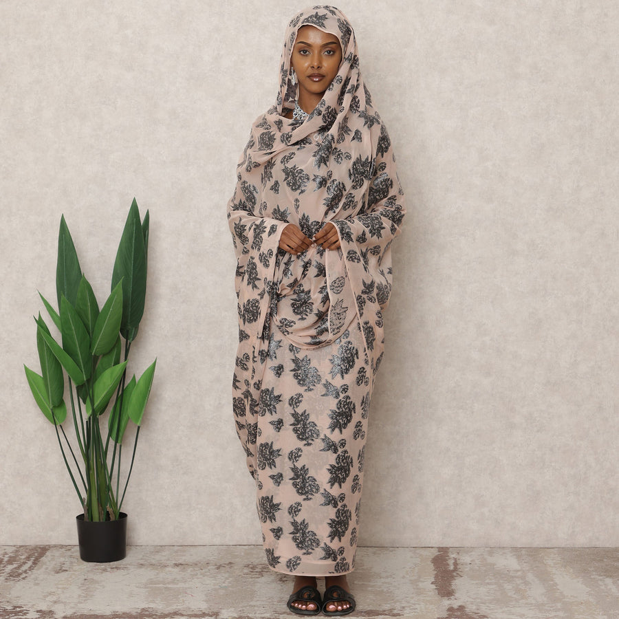 ثوب سوداني تقليدي باللون البيج، مصنوع من قماش شيفون حرير نقي بطول 4.5 متر وقماش لوركس معدني، عرض 140 سم، صنع في كوريا الجنوبية - D24492