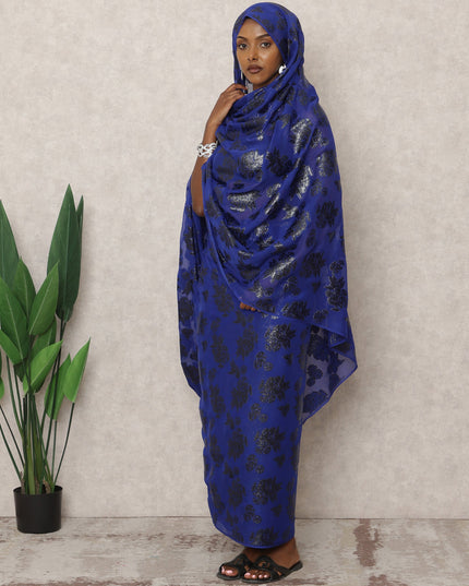 ثوب سوداني تقليدي أزرق ملكي، مصنوع من قماش شيفون حرير نقي بطول 4.5 متر وقماش لوركس معدني، عرض 140 سم، صنع في كوريا الجنوبية - D24495