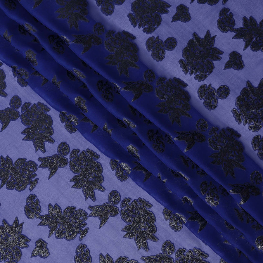 Blue Floral Pattern Silk Chiffon Fabric with Metallic Lurex, 110 Cms, South Korea-D25496