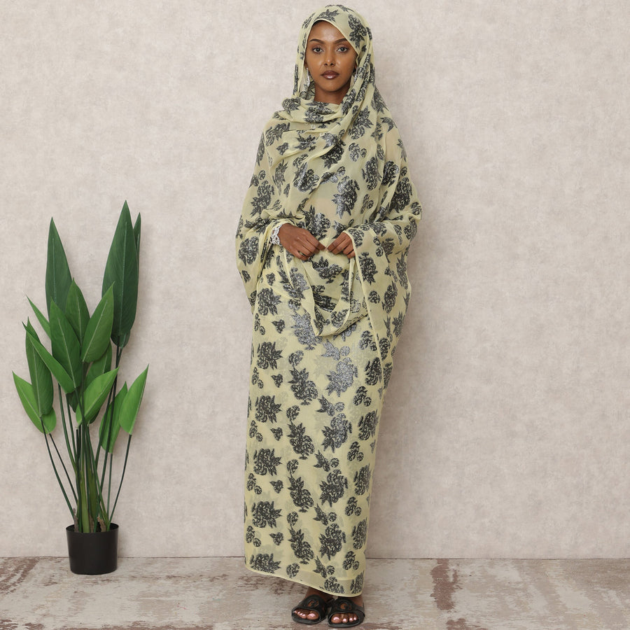 ثوب سوداني تقليدي أصفر اللون، مصنوع من قماش شيفون حرير نقي بطول 4.5 متر وقماش لوركس معدني، عرض 140 سم، صنع في كوريا الجنوبية - D24493