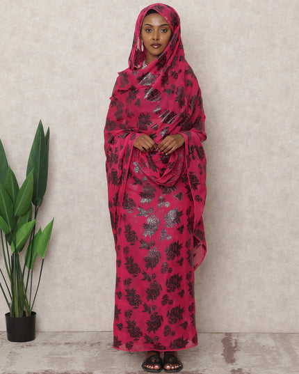 ثوب سوداني تقليدي وردي فاقع، مصنوع من قماش شيفون حرير نقي بطول 4.5 متر وقماش لوركس معدني، عرض 140 سم، صنع في كوريا الجنوبية - D24491