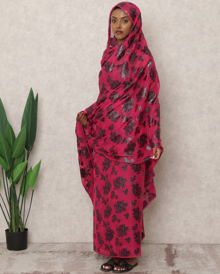 ثوب سوداني تقليدي وردي فاقع، مصنوع من قماش شيفون حرير نقي بطول 4.5 متر وقماش لوركس معدني، عرض 140 سم، صنع في كوريا الجنوبية - D24491