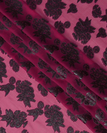 Pink Floral Pattern Silk Chiffon Fabric with Metallic Lurex, 110 Cms, South Korea-D25497