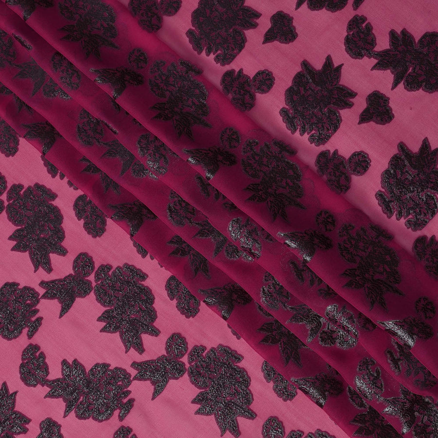 Pink Floral Pattern Silk Chiffon Fabric with Metallic Lurex, 110 Cms, South Korea-D25497