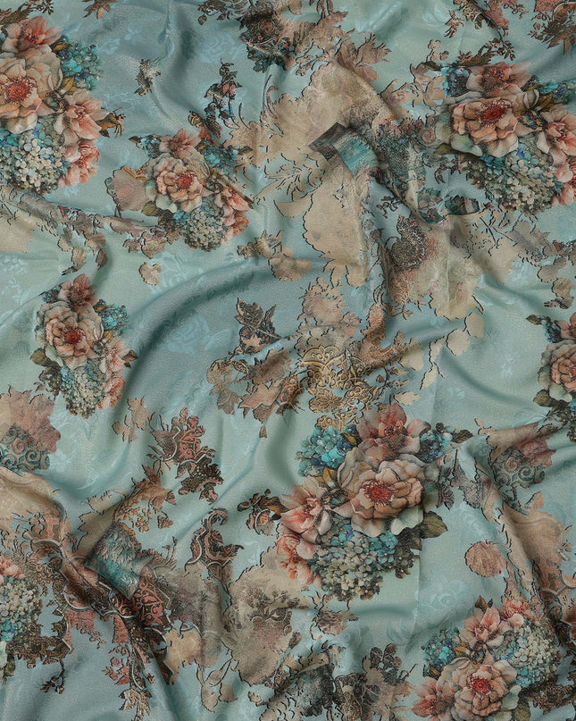 Teal Base Vintage Floral Printed Pure Silk Satin Fabric with film metallic 140 Cms Width Made in South Korea-D24924