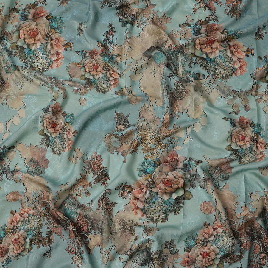 Teal Base Vintage Floral Printed Pure Silk Satin Fabric with film metallic 140 Cms Width Made in South Korea-D24924
