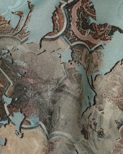 Teal Base Vintage Floral Printed Pure Silk Satin Fabric with film metallic 140 Cms Width Made in South Korea-D24924