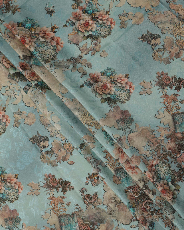 Teal Base Vintage Floral Printed Pure Silk Satin Fabric with film metallic 140 Cms Width Made in South Korea-D24924