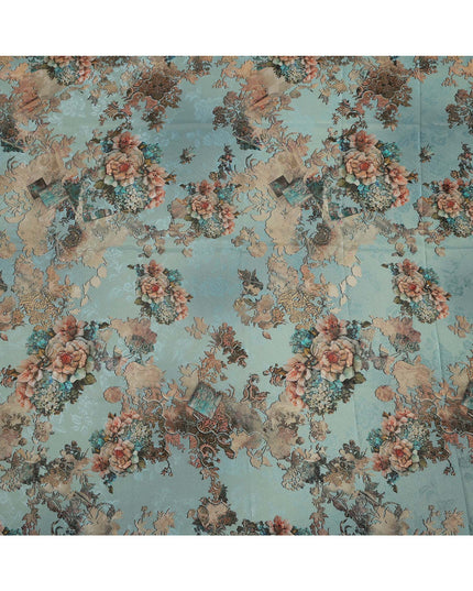 Teal Base Vintage Floral Printed Pure Silk Satin Fabric with film metallic 140 Cms Width Made in South Korea-D24924
