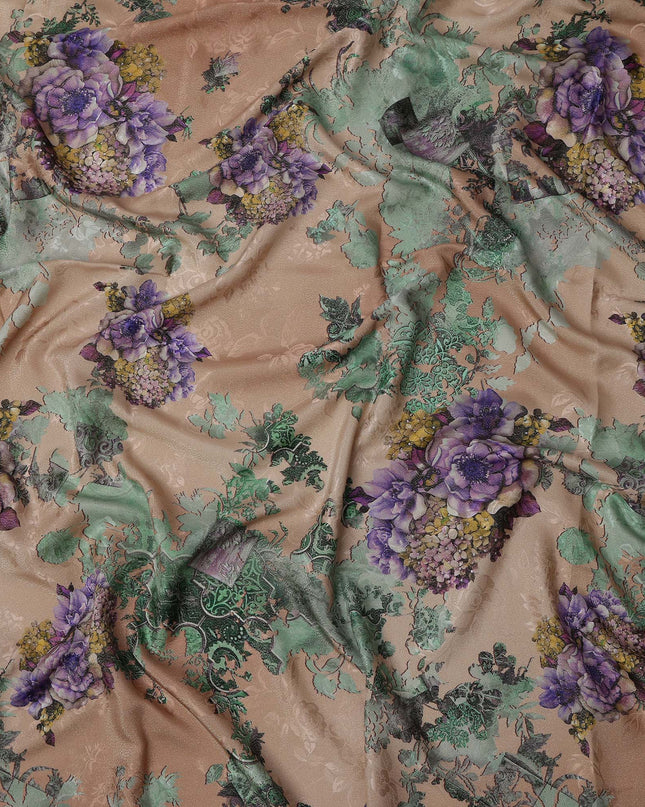 Beige Base Purple Floral Bouquet Printed Pure Silk Satin Fabric with film metallic 140 Cms Width Made in South Korea-D24928