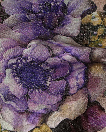Beige Base Purple Floral Bouquet Printed Pure Silk Satin Fabric with film metallic 140 Cms Width Made in South Korea-D24928