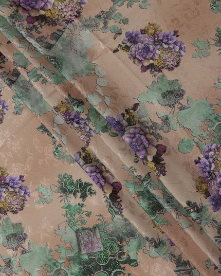 Beige Base Purple Floral Bouquet Printed Pure Silk Satin Fabric with film metallic 140 Cms Width Made in South Korea-D24928