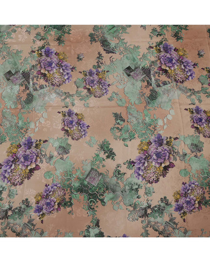 Beige Base Purple Floral Bouquet Printed Pure Silk Satin Fabric with film metallic 140 Cms Width Made in South Korea-D24928
