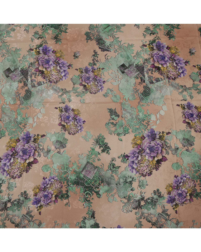 Beige Base Purple Floral Bouquet Printed Pure Silk Satin Fabric with film metallic 140 Cms Width Made in South Korea-D24928