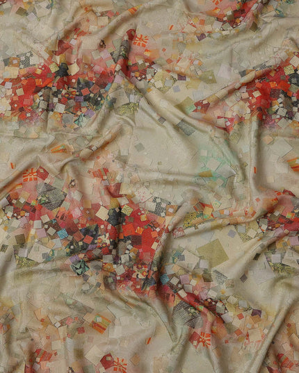 Beige Base Multicolor Abstract Mosaic Printed Pure Silk Satin Fabric with film metallic 140 Cms Width Made in South Korea-D24927