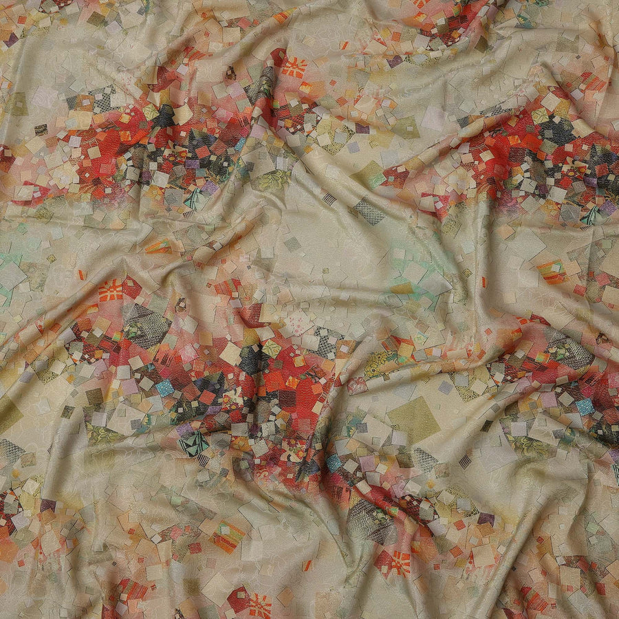 Beige Base Multicolor Abstract Mosaic Printed Pure Silk Satin Fabric with film metallic 140 Cms Width Made in South Korea-D24927