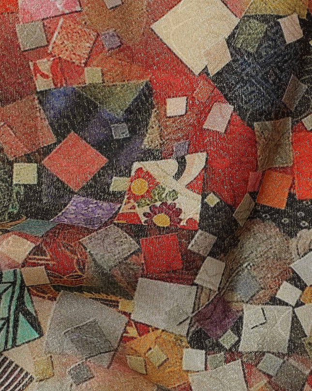 Beige Base Multicolor Abstract Mosaic Printed Pure Silk Satin Fabric with film metallic 140 Cms Width Made in South Korea-D24927
