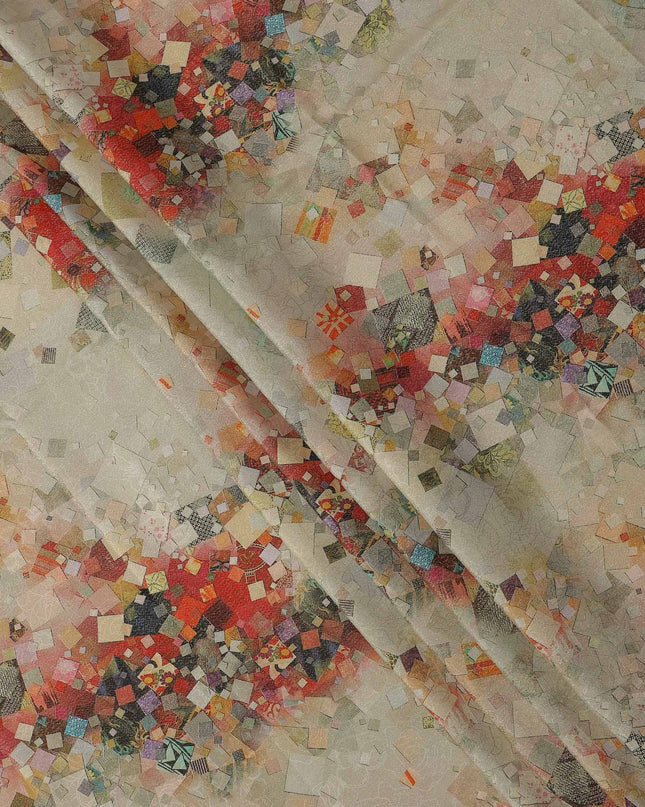 Beige Base Multicolor Abstract Mosaic Printed Pure Silk Satin Fabric with film metallic 140 Cms Width Made in South Korea-D24927