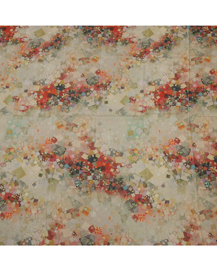 Beige Base Multicolor Abstract Mosaic Printed Pure Silk Satin Fabric with film metallic 140 Cms Width Made in South Korea-D24927