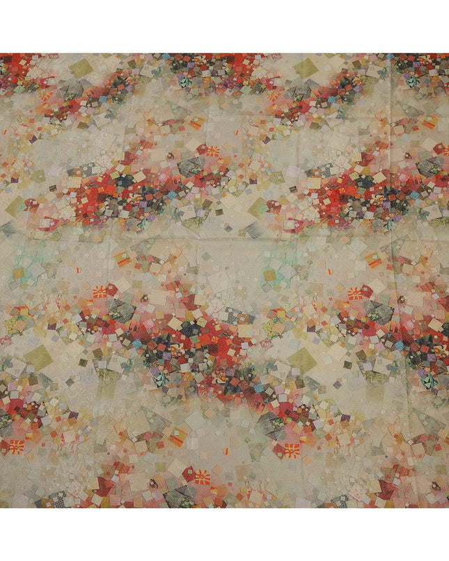 Beige Base Multicolor Abstract Mosaic Printed Pure Silk Satin Fabric with film metallic 140 Cms Width Made in South Korea-D24927