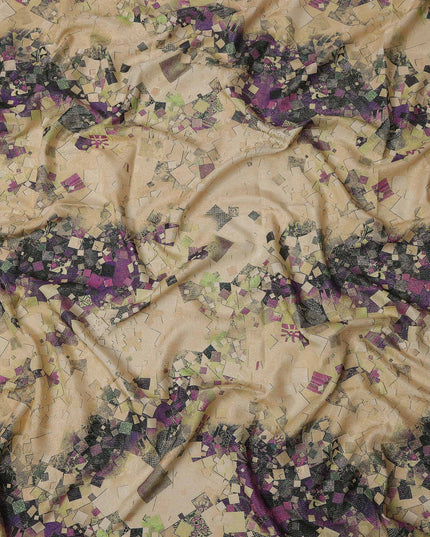 Beige Base Purple Abstract Mosaic Printed Pure Silk Satin Fabric with film metallic 140 Cms Width Made in South Korea-D24926