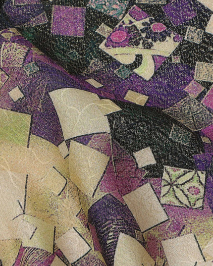 Beige Base Purple Abstract Mosaic Printed Pure Silk Satin Fabric with film metallic 140 Cms Width Made in South Korea-D24926