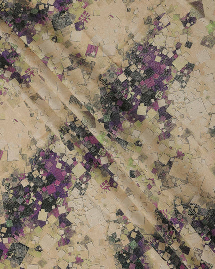 Beige Base Purple Abstract Mosaic Printed Pure Silk Satin Fabric with film metallic 140 Cms Width Made in South Korea-D24926