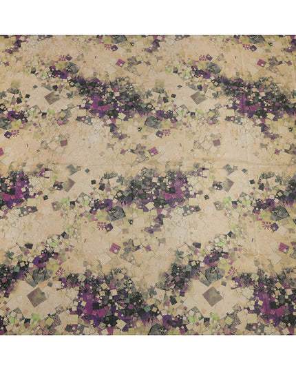 Beige Base Purple Abstract Mosaic Printed Pure Silk Satin Fabric with film metallic 140 Cms Width Made in South Korea-D24926
