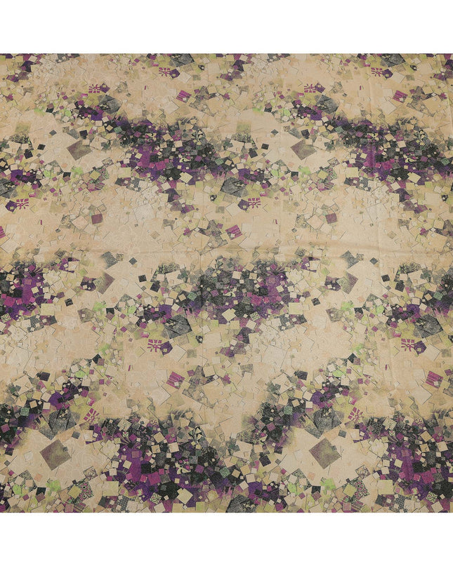 Beige Base Purple Abstract Mosaic Printed Pure Silk Satin Fabric with film metallic 140 Cms Width Made in South Korea-D24926