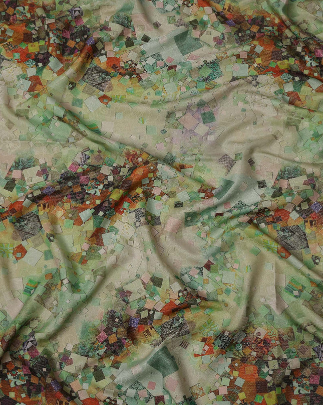Beige Base Abstract Mosaic Printed Pure Silk Satin Fabric with film metallic 140 Cms Width Made in South Korea-D24925