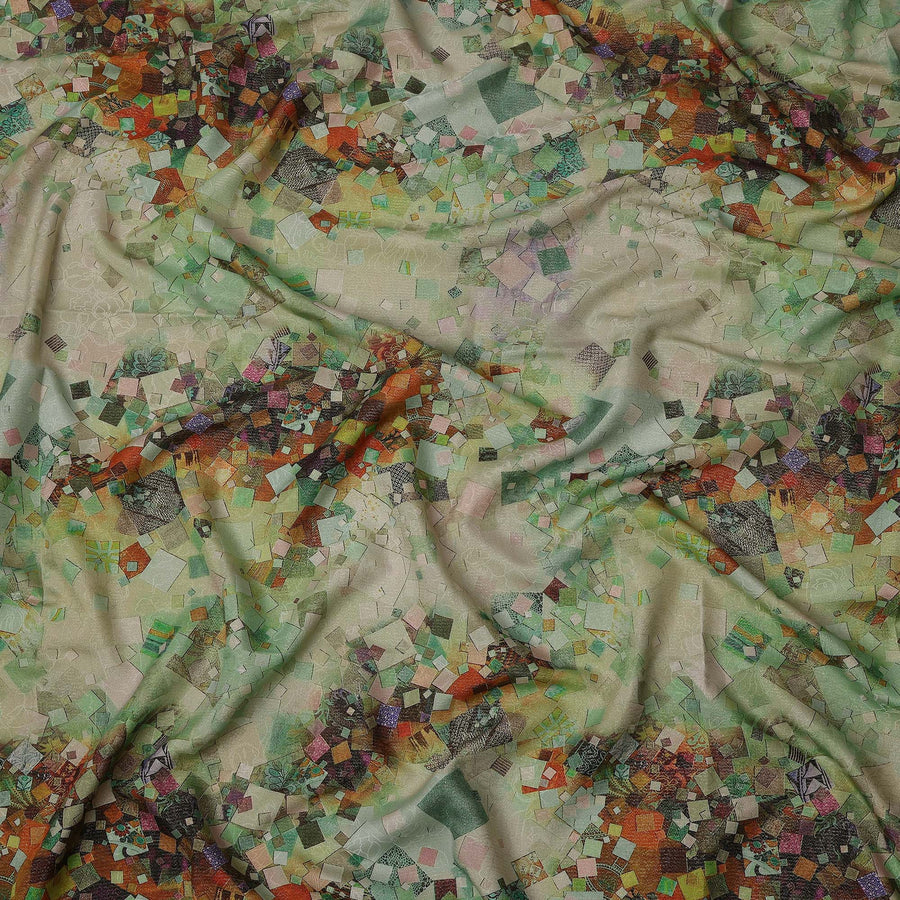 Beige Base Abstract Mosaic Printed Pure Silk Satin Fabric with film metallic 140 Cms Width Made in South Korea-D24925