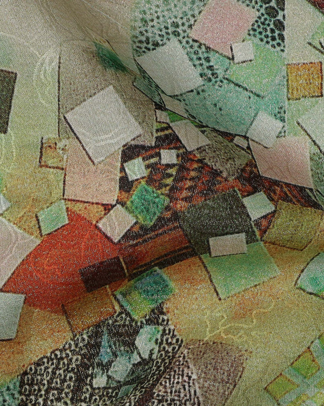Beige Base Abstract Mosaic Printed Pure Silk Satin Fabric with film metallic 140 Cms Width Made in South Korea-D24925