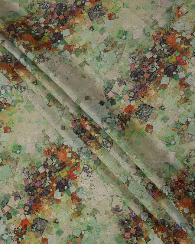 Beige Base Abstract Mosaic Printed Pure Silk Satin Fabric with film metallic 140 Cms Width Made in South Korea-D24925