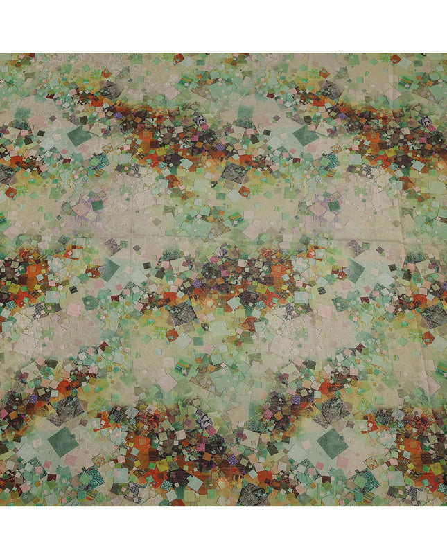 Beige Base Abstract Mosaic Printed Pure Silk Satin Fabric with film metallic 140 Cms Width Made in South Korea-D24925