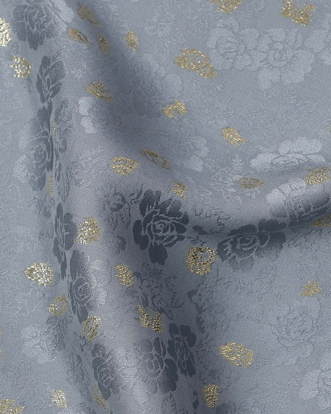 Grey Metallic Motif Pure Silk Satin Fabric 140 Cms Width Made in India-D24931