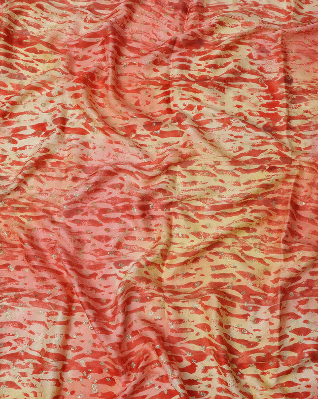 Red and Gold Abstract Pattern Pure Silk Satin Fabric with Metallic Accents 140 Cms Width Made in India-D24932