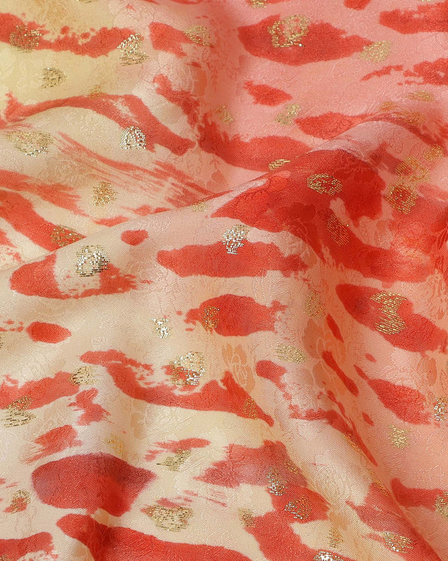 Red and Gold Abstract Pattern Pure Silk Satin Fabric with Metallic Accents 140 Cms Width Made in India-D24932