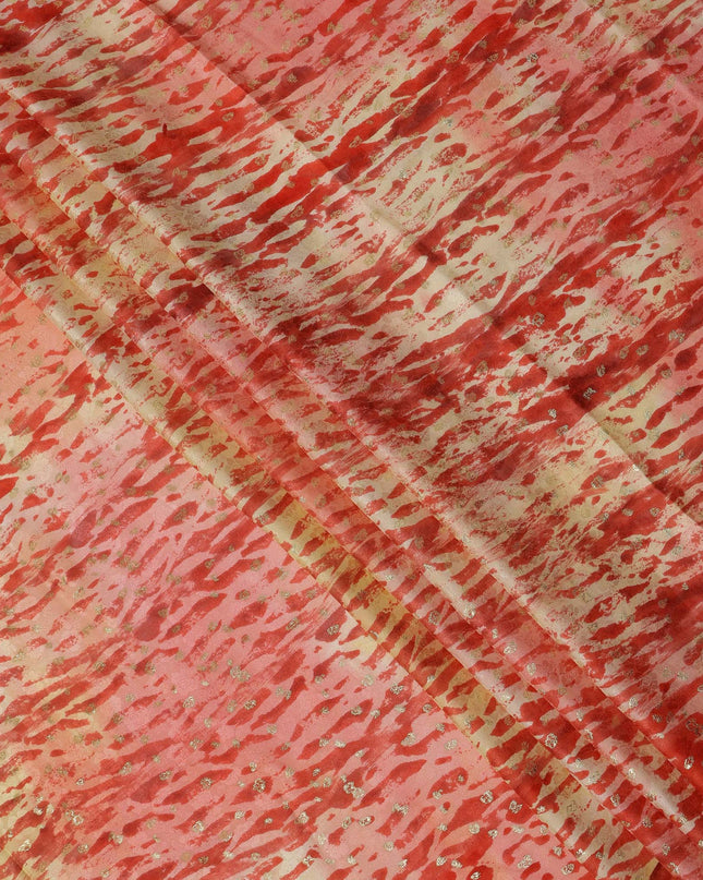 Red and Gold Abstract Pattern Pure Silk Satin Fabric with Metallic Accents 140 Cms Width Made in India-D24932