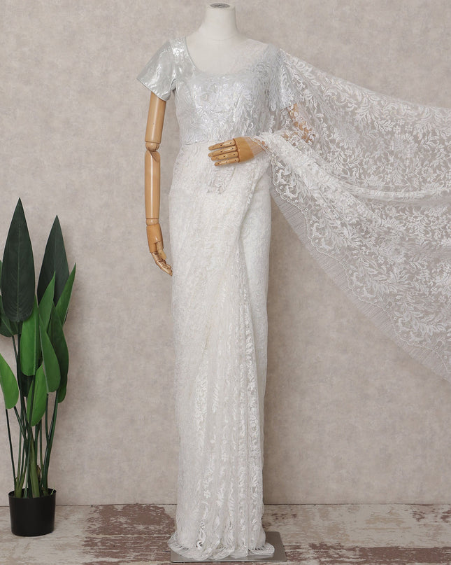 Pearl White French Chantilly Lace Saree