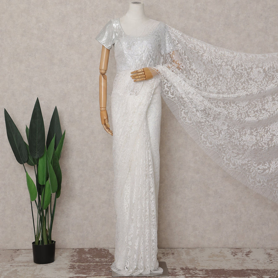 Pearl White French Chantilly Lace Saree
